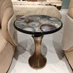 Round Sofa Side Table with Agate-Pattern Top and Sculptural Antique Bronze Pedestal